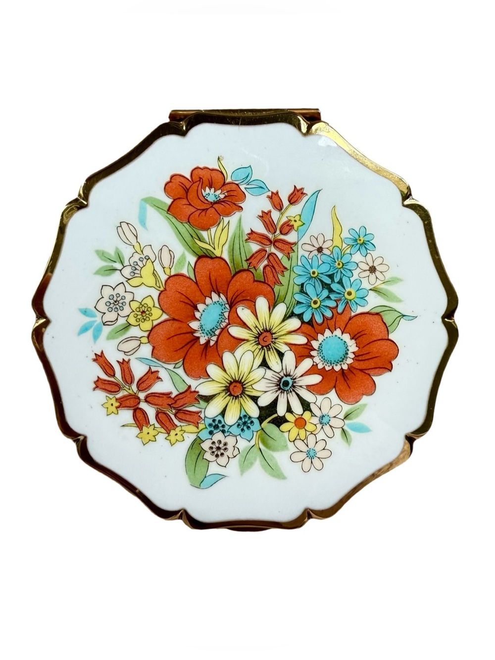 Vintage Mid Century Stratton White Enamel Orange Poppy Wildflowers Mod Compact